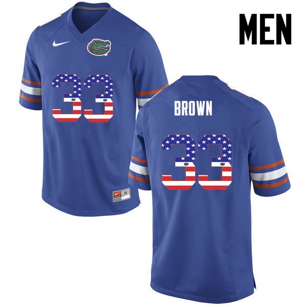 Florida Gators Men #33 Mack Brown College Football Jersey USA Flag Fashion Blue